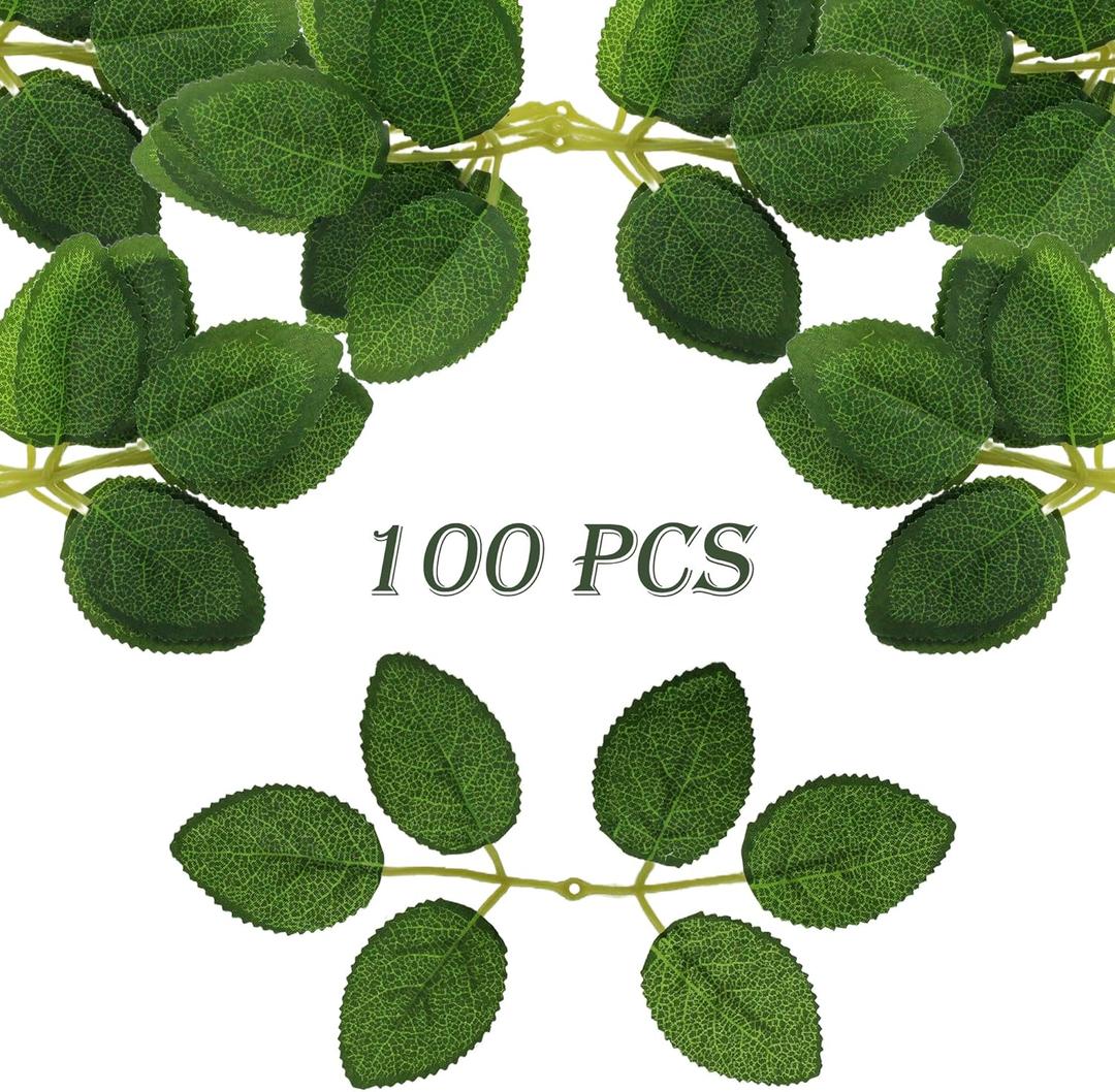 100 Pcs Artificial Flowers Green Leaf Bulk Faux Greenery Silk Fake Rose Leaves Bouquet Garland Wreath Floral Arrangement Supplie DIY Craft (6 Medium-Leaf Green)