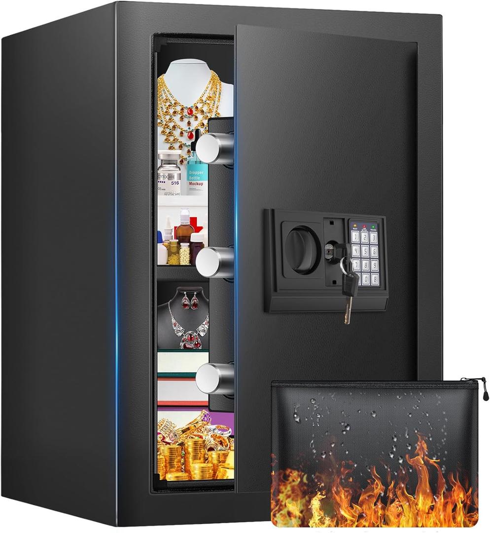 16.54 Inches Tall Safe Box, 2.5 Cuft Home Safe with Fireproof Waterproof Bag, Anti-Theft Digital Security Lock Box with Smart Alert System, Removable Shelf, Mute Function, Document Safes for Jewelry