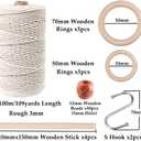 119pcs Macrame Kits for Starter 3mm x 109Yards Natural Cotton Macrame Cord with 100pcs Wooden Beads,10pcs Wooden Rings,Wooden Sticks,Metal Rings,S Hooks Macrame Supplies for Plant Hangers