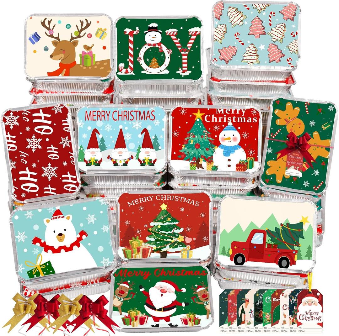 Natonhi 55PCS Christmas Cookie Tins with Lids, 11 Styles Holiday Disposable Foil Food Storage Christmas Cookie Containers for Winter Gift Giving Cookie Exchange Party Supplies