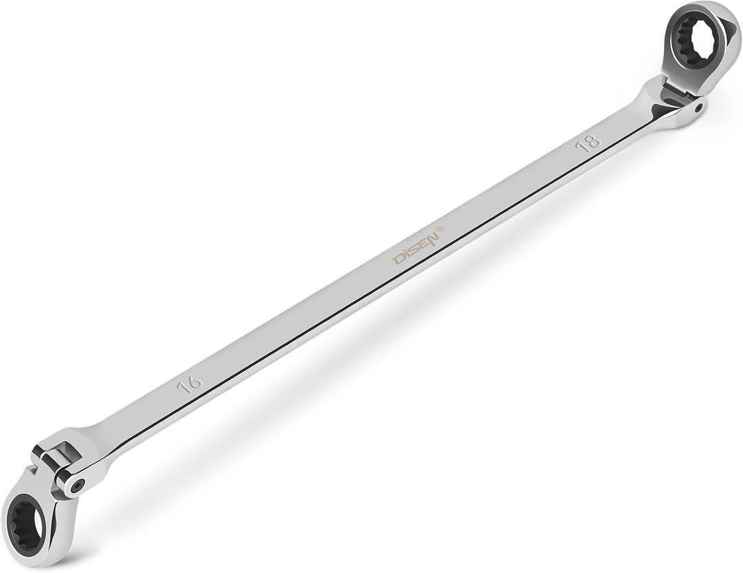 DISEN 16-18mm Extra Long Flex Head Ratcheting Wrench set, Double Box End Long Reach Ratchet Wrench, CRV Steel, Metric