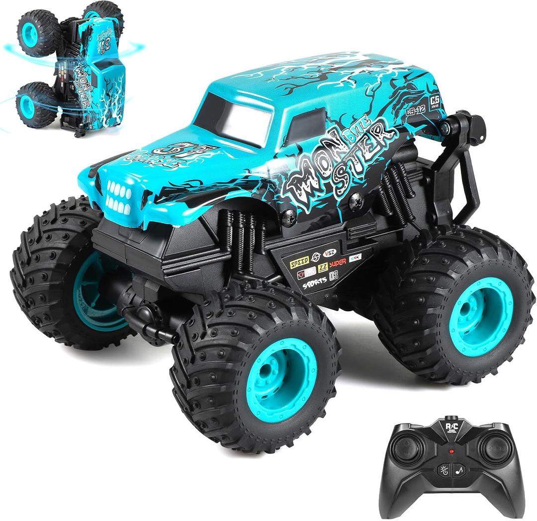 DYODYORC Remote Control Car, 2.4Ghz All Terrain Shark Monster Truck Toys, RC Truck with Music, 3 Lighting Effects, 360 Stunt Capable, 2 Batteries Ready to Run, Toy Gifts for Boys and Girls (Blue)