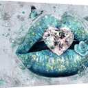 OuElegent Lip Canvas Wall Art Woman Fashion Diamond Painting Picture Teal Lips Artwork for Makeup Room Living Room Bedroom Wall Decor Giclee Prints Gallery Wrapped Ready to Hang 24x36 Inch