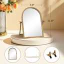 Vintage Desk Makeup Mirror, 11.8" L x 7.9" W Antique Gold Vanity Table Mirror, Metal Framed Arched Small Standing Mirrors with Beaded, 360 Adjustable Rotation for Tabletop, Bedroom