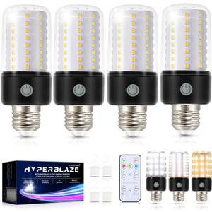 HYPERBLAZE Battery Operated Light Bulb with Remote, 72-LED Wide Bright & 3 Colors & Dimmable Rechargeable Light Bulbs for Lamps, USB+ E26 Lamp Socket Charging for Non-Hardwired Sconces, 4 Pack