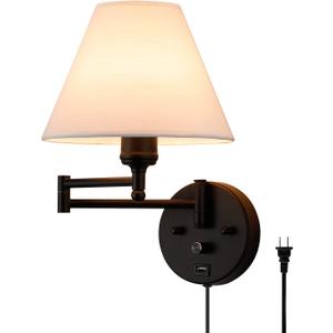 Swing Arm Wall Sconces, Plug-in Wall lamp,Bedroom Wall lamp  White Fabric Shadewith dimmable Switch and USB Charging Port, Suitable for Bedside, Living Room, Reading (Black)
