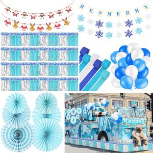 Crowye 122 Pcs Christmas Parade Float Decoration Kit with Metallic Foil Fringe Curtains Tinsel Garland Crepe Paper Streamers Balloons Paper Fan Banner for Trailer Xmas Supply (Blue, White)