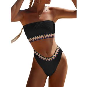 YIMISAN Women's Two Piece Bandeau Swimsuit Ribbed Strapless Tube Bikini Top with Mid Waist Cheeky Bottom Bathing Suit, Size S