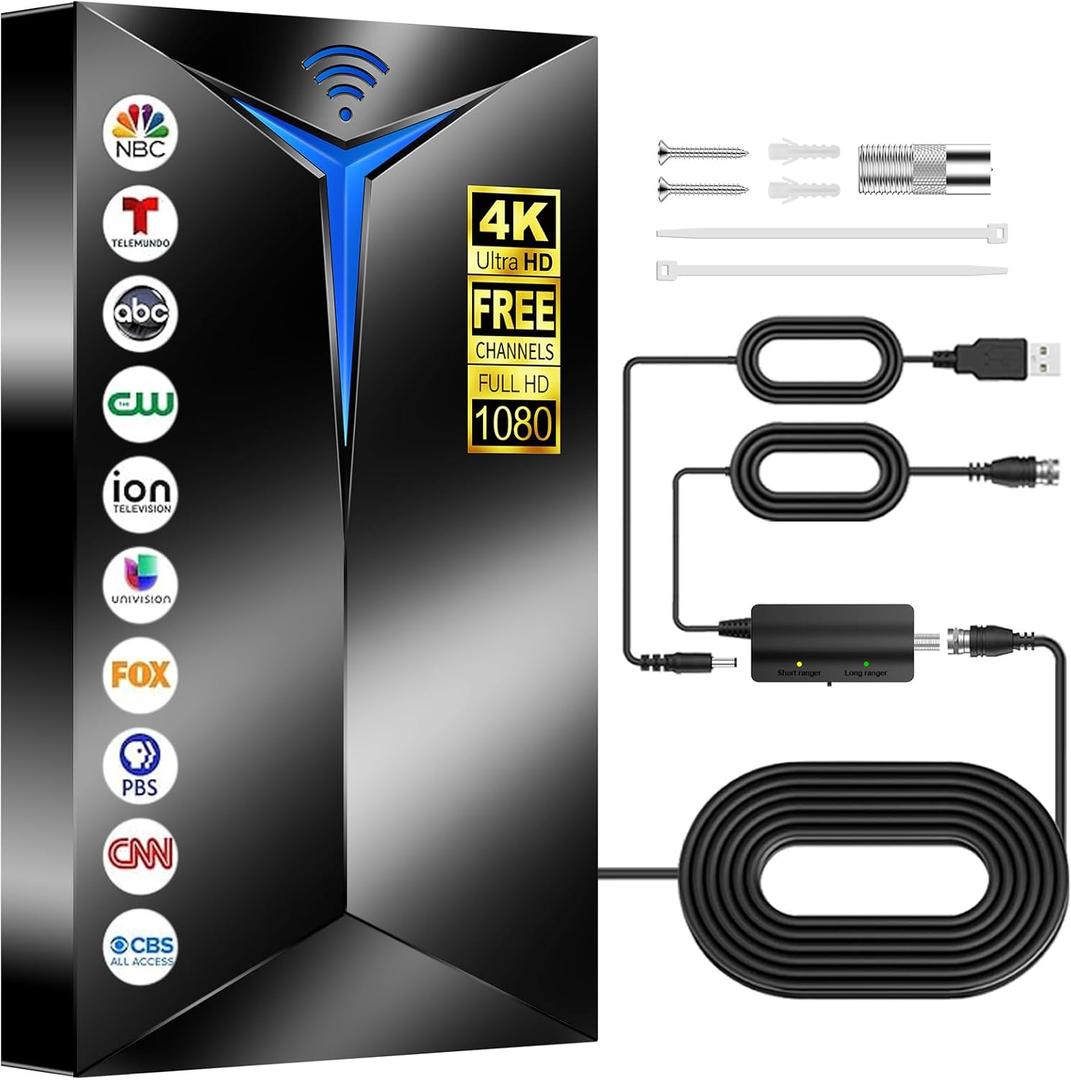 2026 Upgraded TV Antenna Indoor, 3500+ Miles Long Range Reception for Local Channels, Digital HDTV Antenna with Amplifier for Smart TV - Supports 8K 4K 1080P HD, Easy Setup with 26ft Cable
