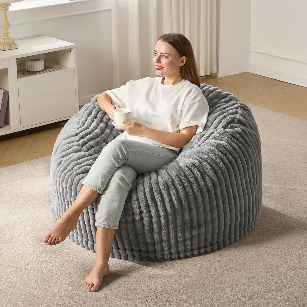 Hobestluk 3ft Bean Bag Chairs for Adults Large Beanbag Chair with Stripe Plush Cover Big Bean Bag Chair for Living Room Bedroom Dorm Office - Grey (36” x 36” x 22”)