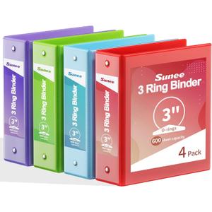 SUNEE 3 Inch Binders 3 Ring 4 Pack, 3" Large Classic 4-Color Binder Set (8.5x11 Inches) for Office, School or Home Supplies