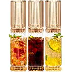 megarte 16Oz Amber Ribbed Glassware Set Of 6 – Vintage Drinking Glasses And Ribbed Glass Cups, Amber Glassware Drinkware Set For Water, Juice, Cocktails, Iced Coffee, Smoothies, Beer, Home, Parties