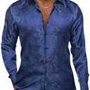 Hi-Tie Silk Mens Paisley Dress Shirts Casual Long Sleeve Button Down Regular Fit Shirts Formal Wedding Party Business, Medium