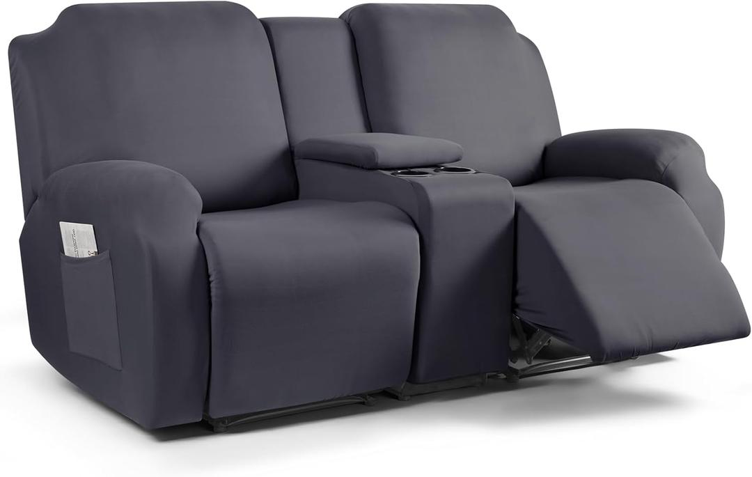 TAOCOCO Reclining Loveseat with Middle Console Slipcover, 4 Piece Polyester Fabric Stretch Loveseat Reclining Sofa Covers (Dark Gray, 2 Seat Recliner Cover with Console)
