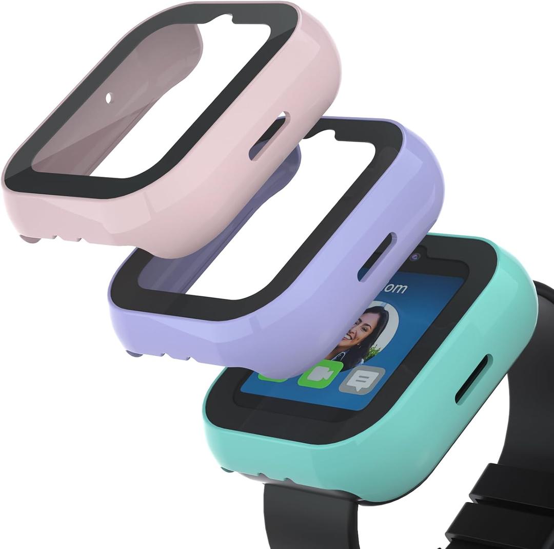 Compatible with Sync UP Kids Watch 2 Screen Protector, 3Pack Hard PC and Tempered Glass Case Cover for T-Mobile SyncUP Watch, Anti-Scratch and Touch Sensitive (Teal+Purple+SandPink)