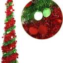 5FT Red & Green Pop Up Christmas Tree, Sequin Pencil Collapsible Holiday Tree for Indoor Decoration, Foldable Slim Artificial Xmas Tree for Small Spaces, Apartments, Office, Party Dcor