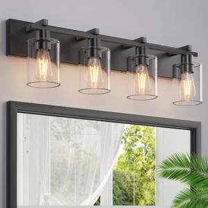 Espird Bathroom Vanity Light,4 Light Matte Black Light Fixture with Thickened Clear Glass Shade, 30 inch Modern Wall Sconce, Bathrooms Vanity Light Over Mirror for Bathroom