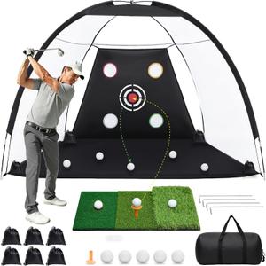 Golf Practice Net, 10 x 7ft 600D Golf Net for Backyard Driving & Chipping Training, Golf Hitting Aid Net with Mat, Target Cloth, 4 Tees, 5 Balls, Carry Bag, Ideal Gift for Men/Enthusiasts
