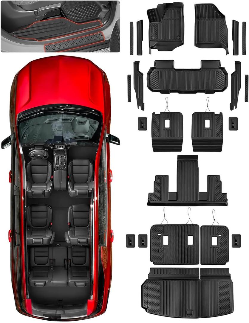 Full Set Floor Mats for Chevy Traverse/GMC Acadia 2024 2025 2026(7 Seats)& for Buick Enclave 2025 2026, All Weather TPE Cargo Liner, Seat Back Mats & Door Sill Guards, Car Accessories for Chevrolet
