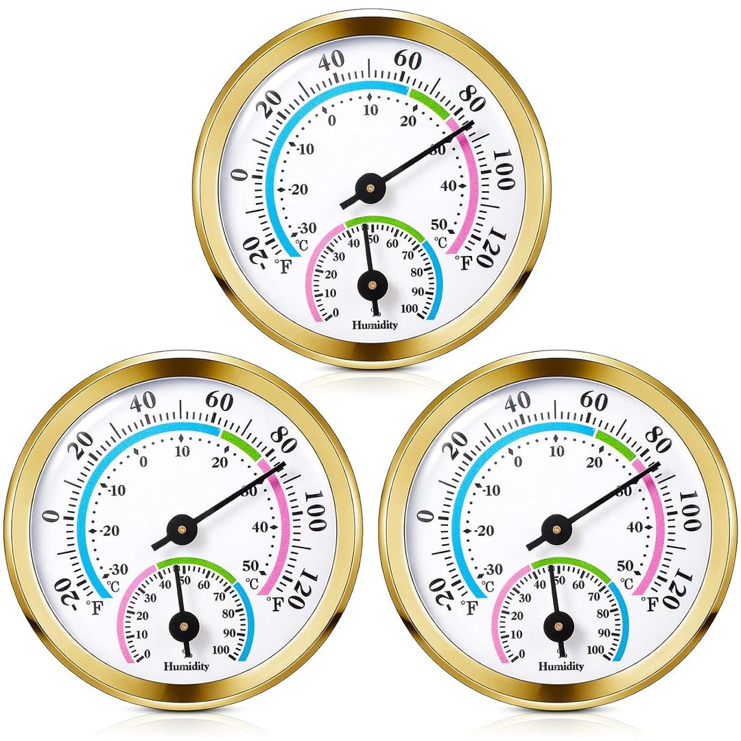 Weewooday 3 Pcs Indoor Outdoor Thermometer 2 in 1 Mini Home Temperature Humidity Hygrometer Monitor Gauge for Home Offices Wall(Gold,2.2 Inch)