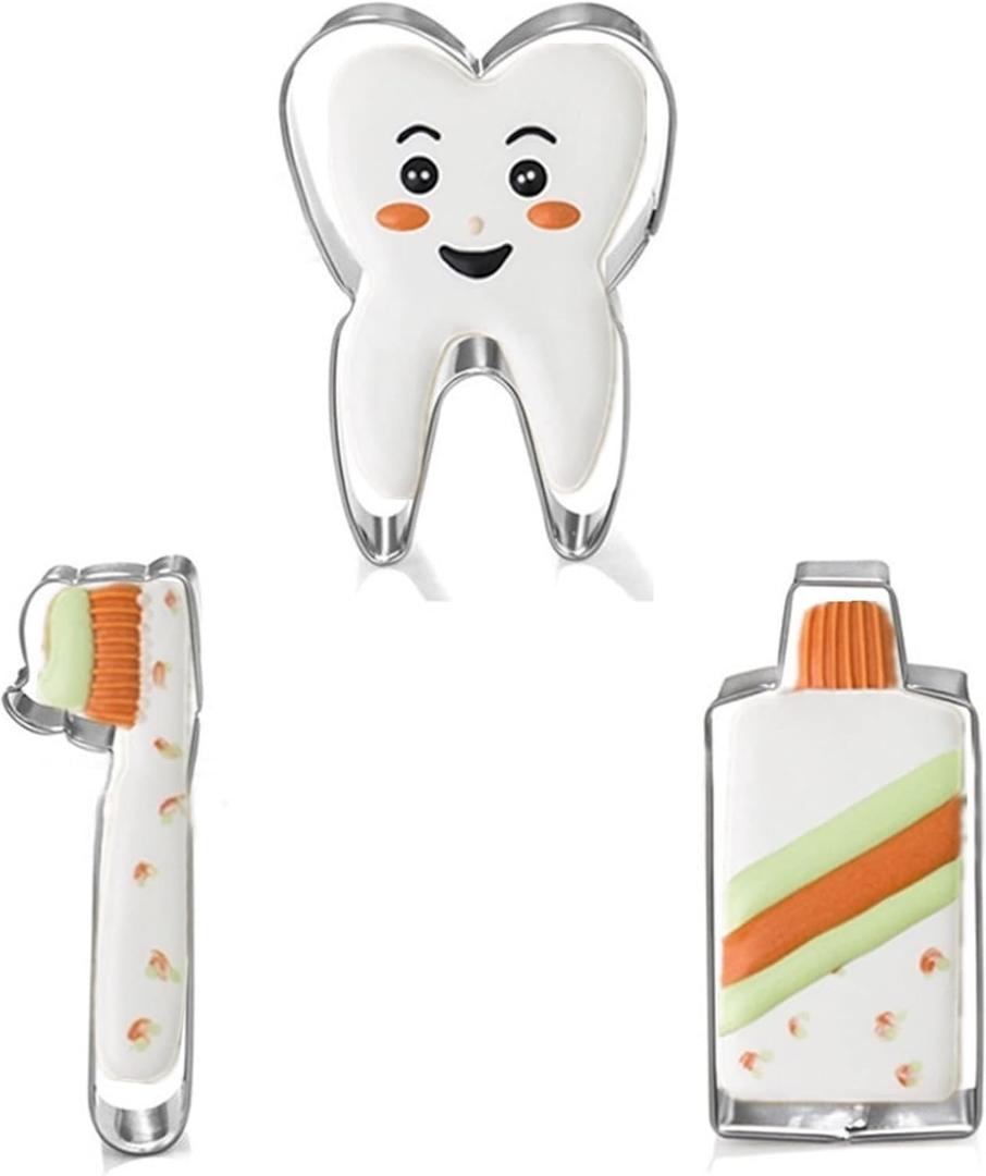 Mini Tooth Series Cookie Cutters Set of 3 pcs, Stainless Steel Fondant Cutter Molds Baking DIY (Toothpaste+Toothbrush+Tooth)