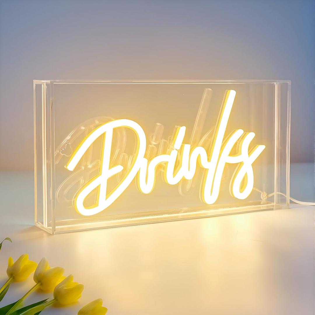 Drinks Neon Sign, Drinks Signs USB LED Desk Lightbox with ON/OFF Switch, Light Up Sign for Table Decor, Home Bar, Kitchen, Club, Pub, Restaurant Wall Decor & Bar Cart Accessories (Warm White)