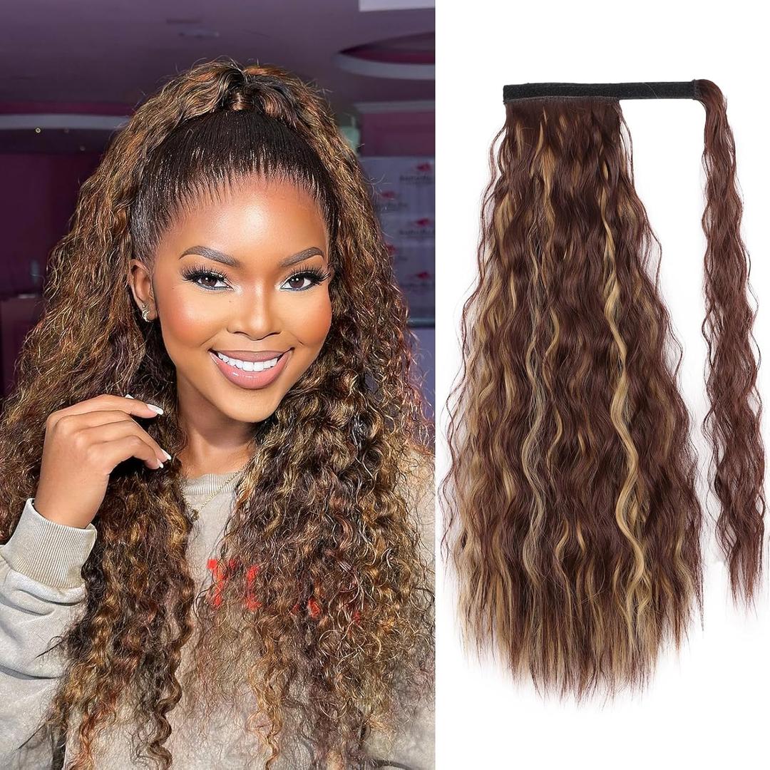 Long Corn Wave Ponytail Extension Magic Paste Heat Resistant Wavy Synthetic Wrap Around Ponytail Hairpiece for Black Women (22 Inch, 22 Inch-Chocolate Brown with Caramel Blonde)