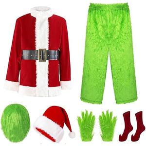 Lizxun Adults Green Monster Christmas Santa Costume Set,7pcs Deluxe Furry Fancy Monster Halloween Xmas Cosplay Outfits (XXL/XXXL)