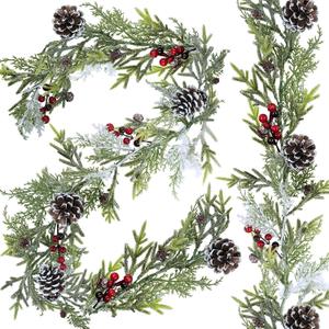 Winlyn 2 Pack 6' Snowy Artificial Pine and Cedar Christmas Garland Pine Cones Red Berries Winter Greenery Garland Christmas Wedding Winter Seasonal Holiday Table Runner Centerpiece Mantel Decoration