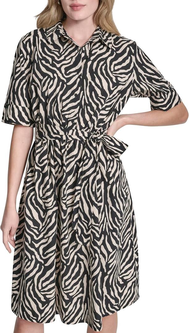 DKNY Women's 3/4 Sleeve Collared Neck Cotton Poplin Shirt Dress, Size 16