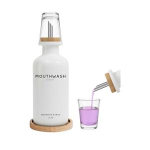 White Glass Mouthwash Dispenser for Bathroom by Brighter Barns - Mouth Wash Dispensers with Stainless Steel Spout, Mouthwash Cup, Tray - Minimalist Bathroom Decor for Hotel, Spa, Dental Office (White