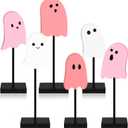 6 Pcs Halloween Farmhouse Ghost Table Decor Halloween Pink Cute Ghost Tiered Tray Decorations Pink White Boo Table Centerpiece Distressed Block Wood Sign for Home Desk Office Party Decor