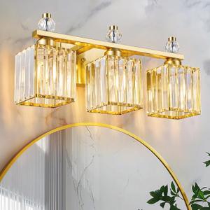 Bathroom Vanity Lights 3-Light Modern Crystal Vanity Light Gold Bathroom Light Fixtures Over Mirror Crystal Bathroom Vanity Lighting Fixtures