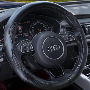 Haokay Heavy Duty Pure Cowhide Steering Wheel Cover, Black Genuine Leather Steering Wheel Cover Men Women Universal 14.5 to 15 Inch