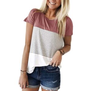 Womens Crew Neck Short Sleeve Tees Color Block Striped T-Shirt Casual Loose Fashion Tee Tops (S)