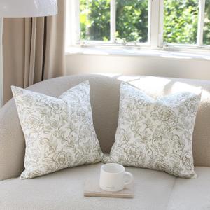 Juto 100% Cotton French Country Floral Throw Pillow Covers, Taupe White 20x20 inch Farmhouse Chinoiserie Decorative Cushion Covers for Couch Bed Living Room, Pack of 2