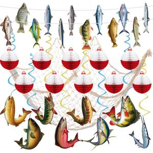 Gone Fishing Party Decorations Fish Decorations Fishing Party Banner Fishing Bobber Honeycomb Balls Fish Hanging Swirls Cotton Fish Net Decorations Fishing Theme Birthday Party Supplies