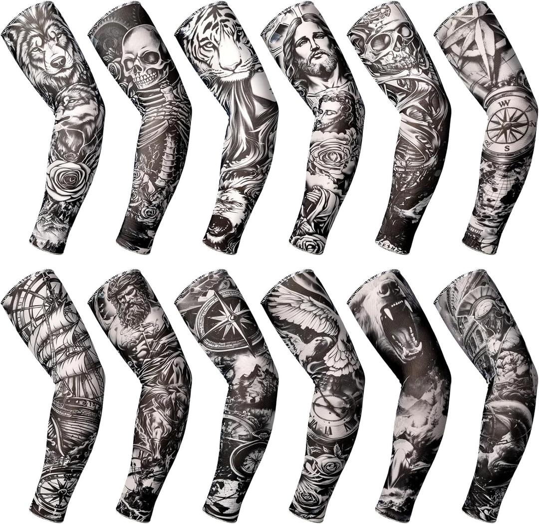 Boao 12 Pcs Temporary Tattoo Sleeve for Men Cooling Arm Sleeves Long Fingerless Arm Cover Anti Slip UV Protection Sun (One Size)