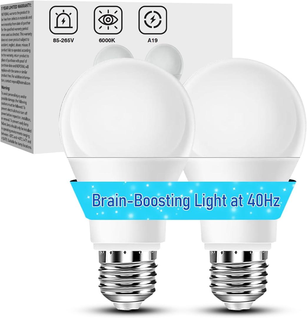 40Hz Therapy Light Bulb  Improve Focus, Memory & Mood for Seniors  Easy to Use | 85265V Wide Voltage | E26 Base| 6000K Daylight | No Headache | Easy Daily Use
