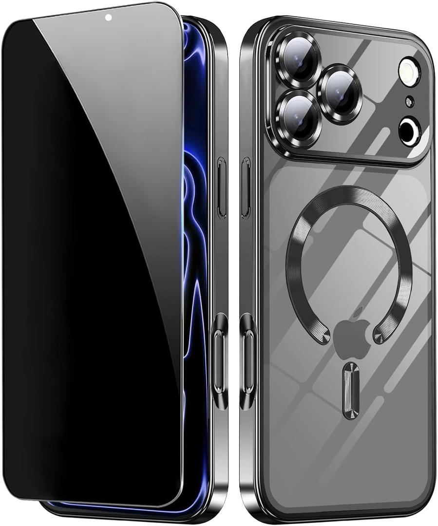 Magnetic for iPhone 17 Pro Case with Privacy Screen Protector & Full Camera Cover Compatible with MagSafe Shockproof Slim Clear Back Phone Case for iPhone 17 Pro Glossy Cover,Black