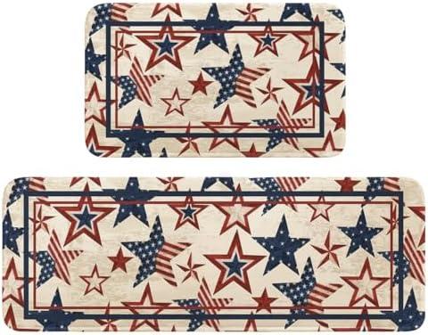 Stars Independence Day Patriotic 4th of July Kitchen Mats Set of 2, Memorial Day Home Decor Kitchen Rugs for Floor - 17x29 and 17x47 Inch