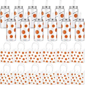 Reallnaive 24 Pcs Basketball Gift Bags Set Party Favors 7.9" x 7.9" x 3.5" Clear Basketball Goodie Bag and 14.2 oz Clear Reusable Plastic Bottles with Lid and Straw for Team Gifts Birthday Decoration