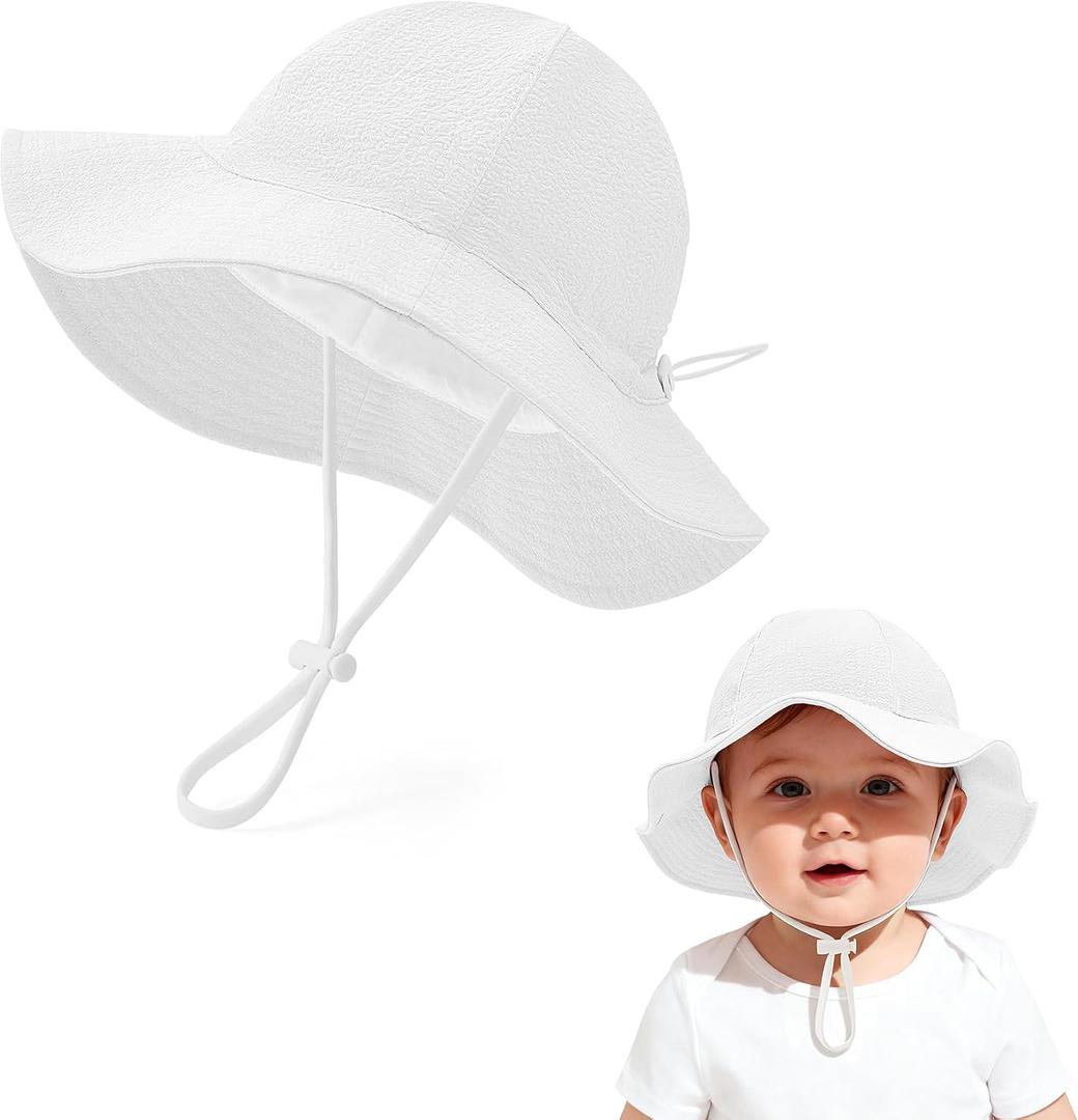 Zando Seersucker Baby Girl Boy Sun Hat UPF 50+ Toddler Bucket Hat Sun Protection Infant Kids Adjustable Breathable Beach Cap (White)