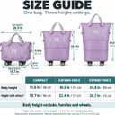 Expandable Rolling Travel Bag with Detachable Wheels, Purple, Approximate bag-body heights are 11.8, 18.5 and 24.8 inches, excluding handles and wheels. The base is 15.7 inches wide and 8.7 inches deep