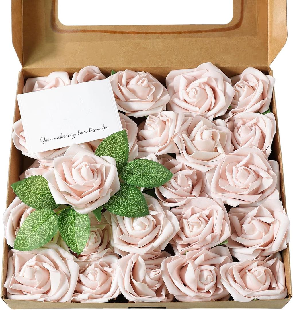Artificial Flowers 25 Pack Pink Faux Foam Roses with Stems, Real Looking Fake Rose for DIY Wedding Bouquets, Bridal Shower Centerpieces, Party Table Decorations, Home Decor