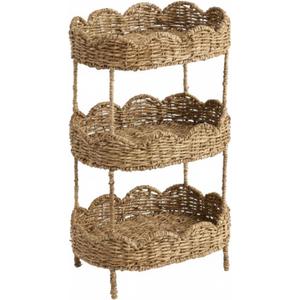AceOrbit 3 Tier Floor Stand Scalloped Basket Stand 3 Tier Oval Seagrass Scalloped Storage Basket Floor Rack with Market Baskets Hand Woven Laundry Rack for Bathroom Kitchen Laundry Living Room Storage