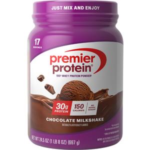 Premier Protein Powder, Chocolate Milkshake, 30g Protein, No Added Sugar, 100% Whey Protein, Keto Friendly, Soy & Gluten Free, 24.5 oz (17 Servings) (EXP 04/18/26)