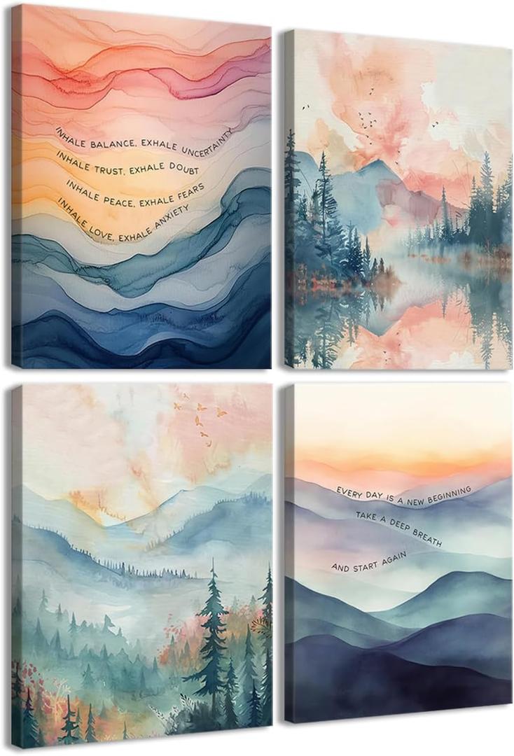 4pcs Inhale Exhale Mental Health Canvas Wall Art Prints, Therapy Office Decor, Watercolor Abstract Prints for Wall Decor, Calming Breathe Poster for Therapy Counselling Room 8x10 Ready to hang