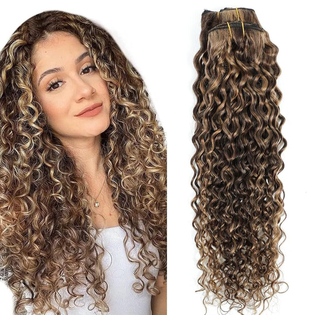 Urbeauty Curly Clip in Extensions Remy Human Hair Brown Highlight Blonde Natural Wavy Hair Extensions 20 Inch 120g Triple Weft Clip in Hair Extensions Full Head Kinky Curly Human Hair 4/27 Color