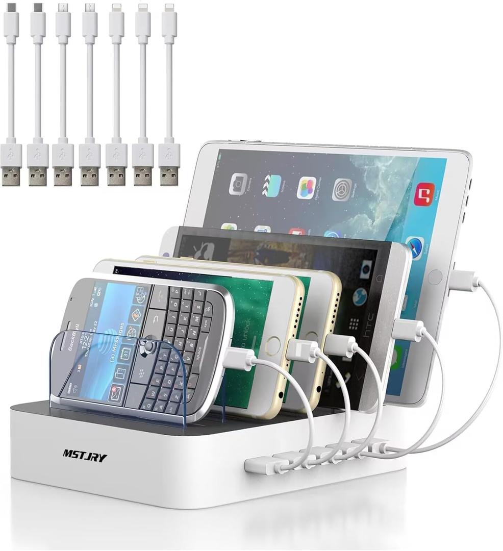 MSTJRY Charging Station for Multiple Devices : 5 Port Multi USB-A Charger Stations Multi-Device Organizer Charging Dock Designed for iPhone iPad Cell Phone Tablets (7 Short Cables Included) (White)